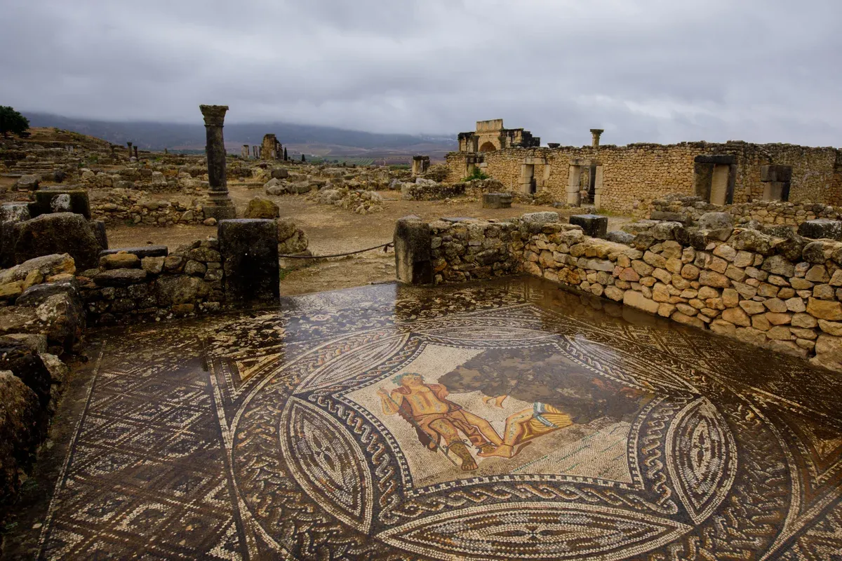 Roman mosaics and columns at Volubilis near Meknes on a Morocco tour package